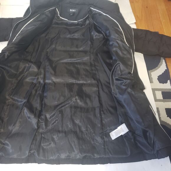DKNY Winter Puffer Coat Black Hooded Large Knee Length Double Pockets Bib Front - Picture 7 of 15